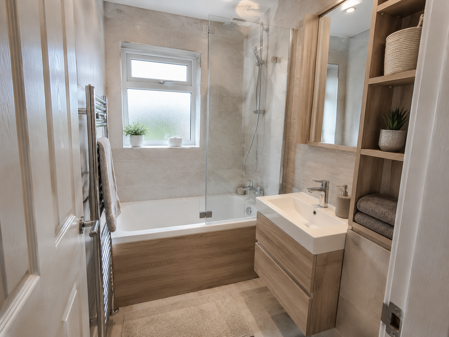 Small fitted bathroom with useful storage